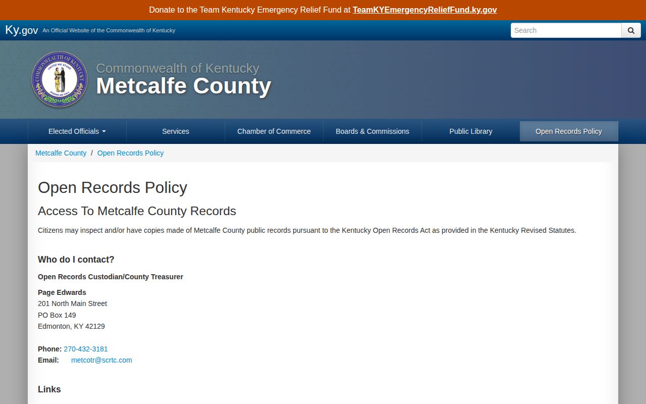 Metcalfe County booking record open-records request page
